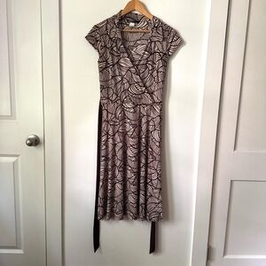 Vintage Y2K Brown Beige Abstract Leaf Wrap Midi Dress‎ Large Tropical Resort